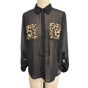 Edge S Sheer Black Button-Up Blouse With Leopard Print Pockets Polyester Womens